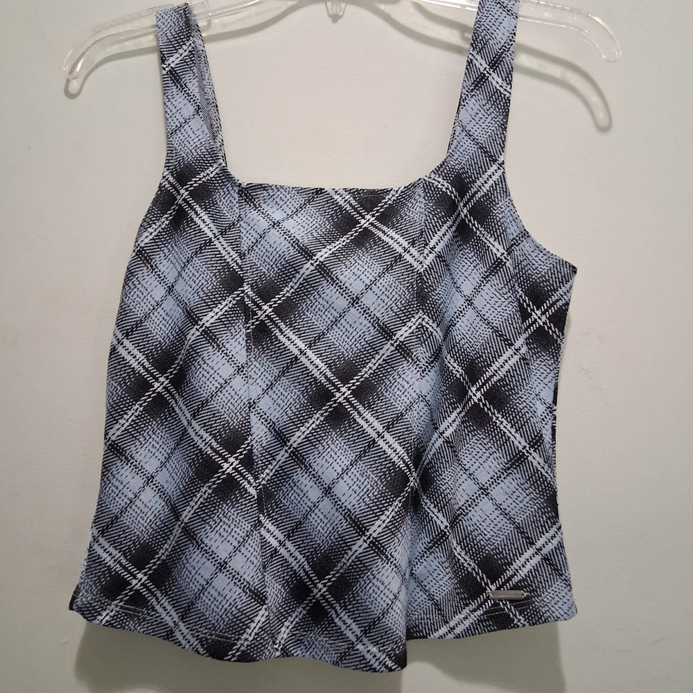 Limited Too Gray Plaid Smocked Back Tank Top Y2K Square Neck XL 16/18 302170